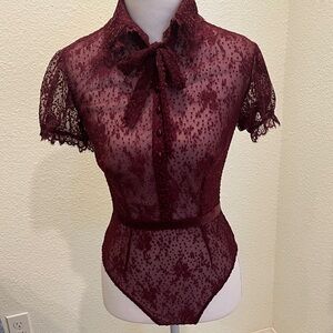 Victoria Secret Lace with velvet polka dots and silk buttons Burgundy Bodysuit